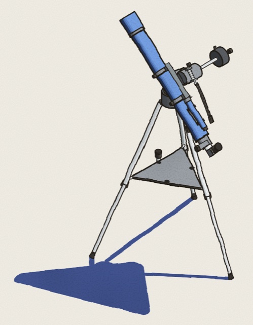 Hand-inked isometric drawing of an 80 mm refractor telescope on a tripod, with a flat blue cast shadow